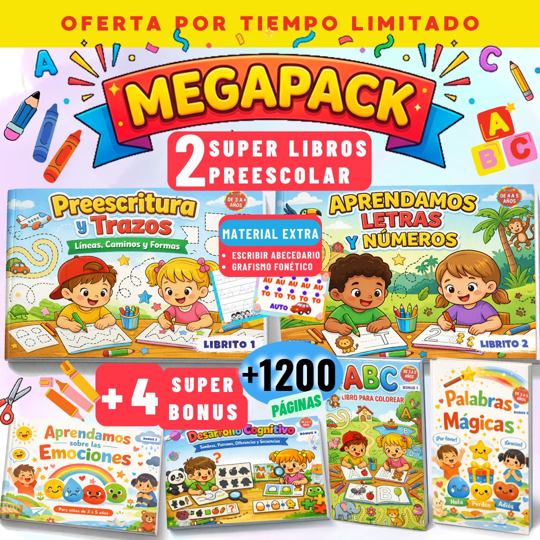 ¡Mega Pack Preescolar! Aprendizaje completo, divertido y listo para usar 2 Libros + 4 Bonus de regalo + Material Extra Todo listo para descargar en FULL HD